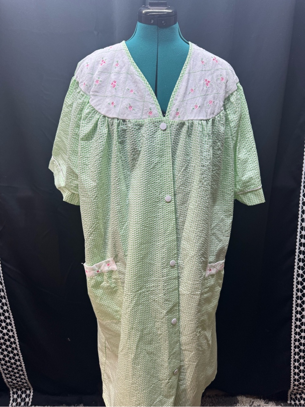 Light Green Seersucker Nightgown with Embroidered Yoke